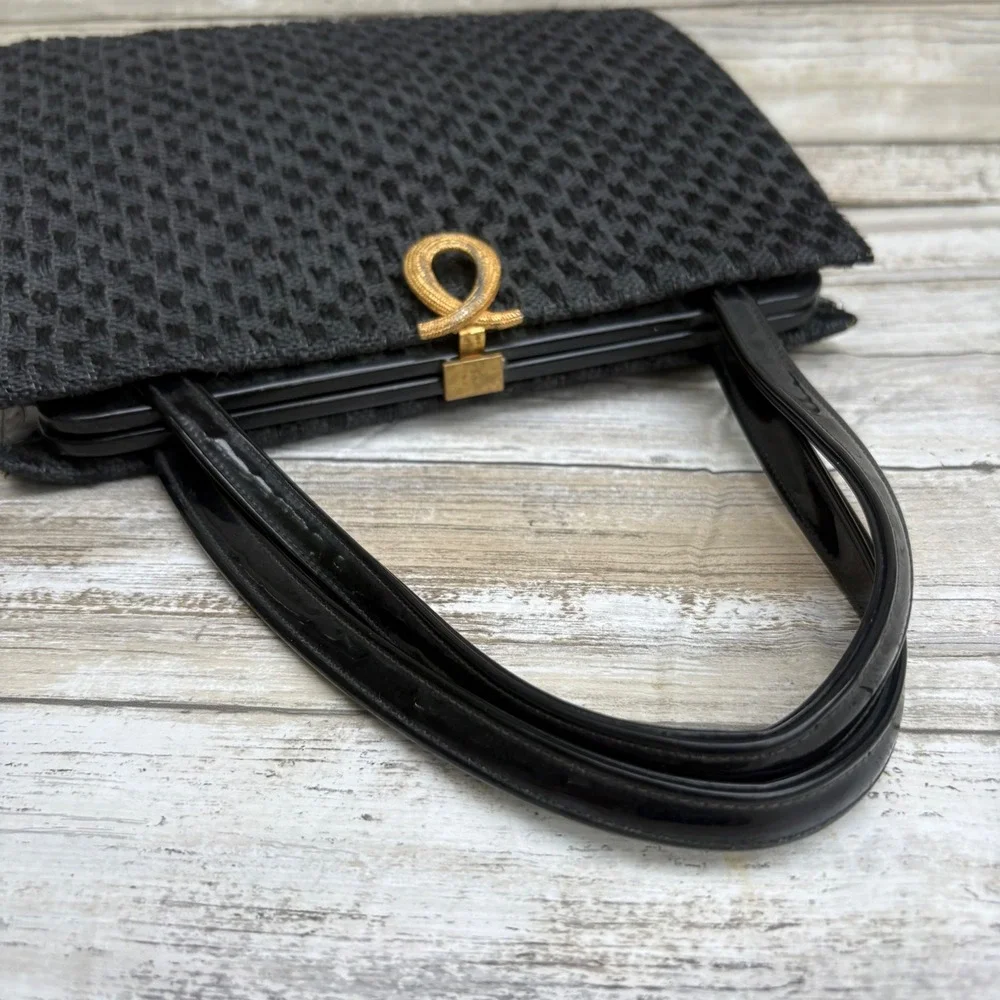 VTG Woven Fabric Framed Box Purse Handbag Small Black Gold Clasp 50s 60s Retro